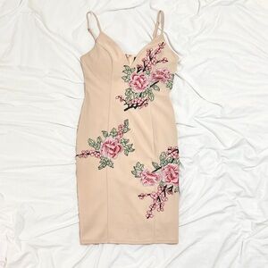 AKIRA Nude Blush Floral Embroidered Midi Dress
